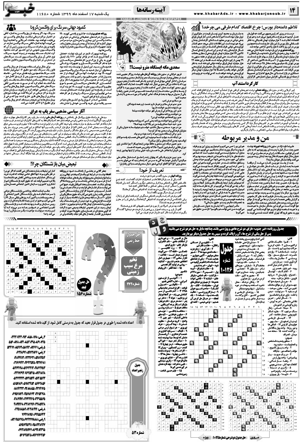 مشاهده صفحه ۱۴ روزنامه خبرجنوب تاریخ ۱۷ اسفند سال ۱۳۹۹