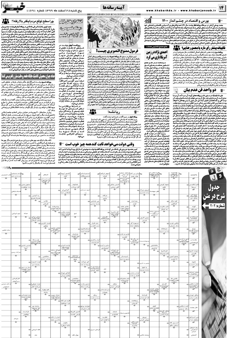 مشاهده صفحه ۱۴ روزنامه خبرجنوب تاریخ ۲۸ اسفند سال ۱۳۹۹