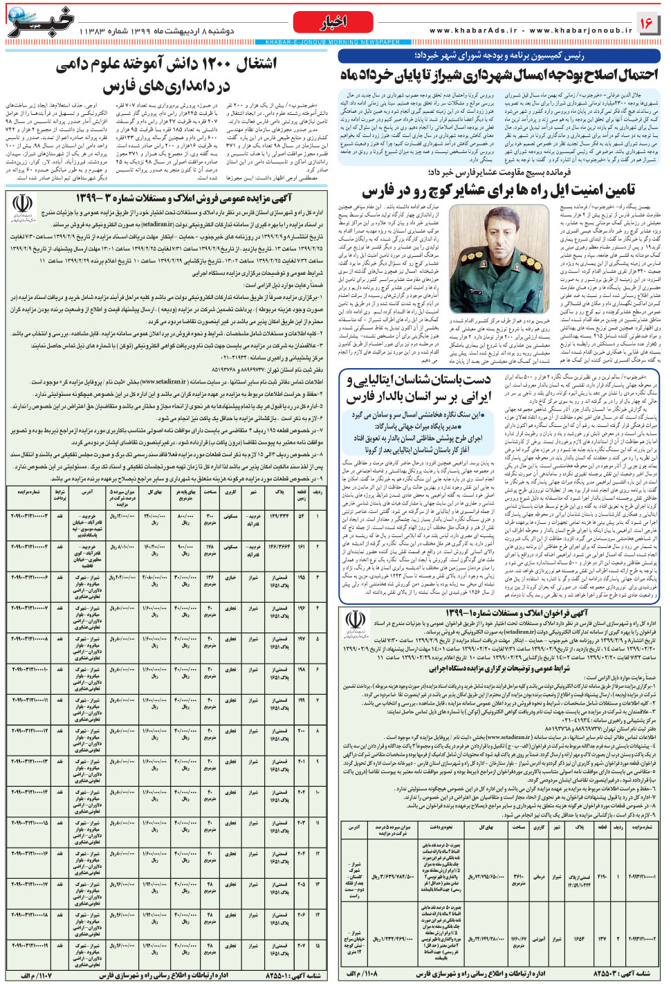 مشاهده صفحه ۱۶ روزنامه خبرجنوب تاریخ ۸  سال ۱۳۹۹