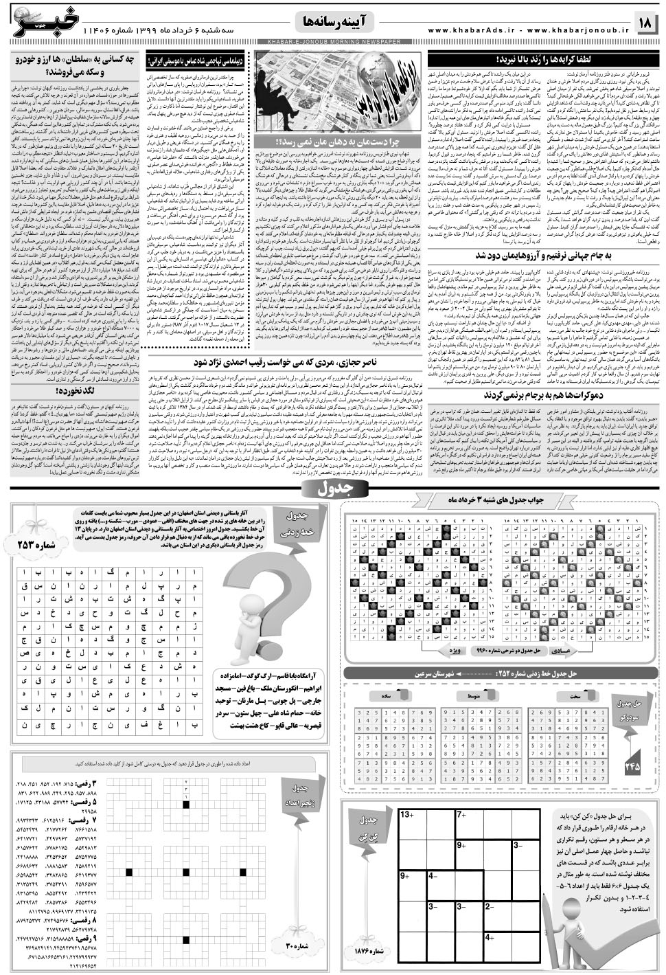 مشاهده صفحه ۱۸ روزنامه خبرجنوب تاریخ ۶  سال ۱۳۹۹