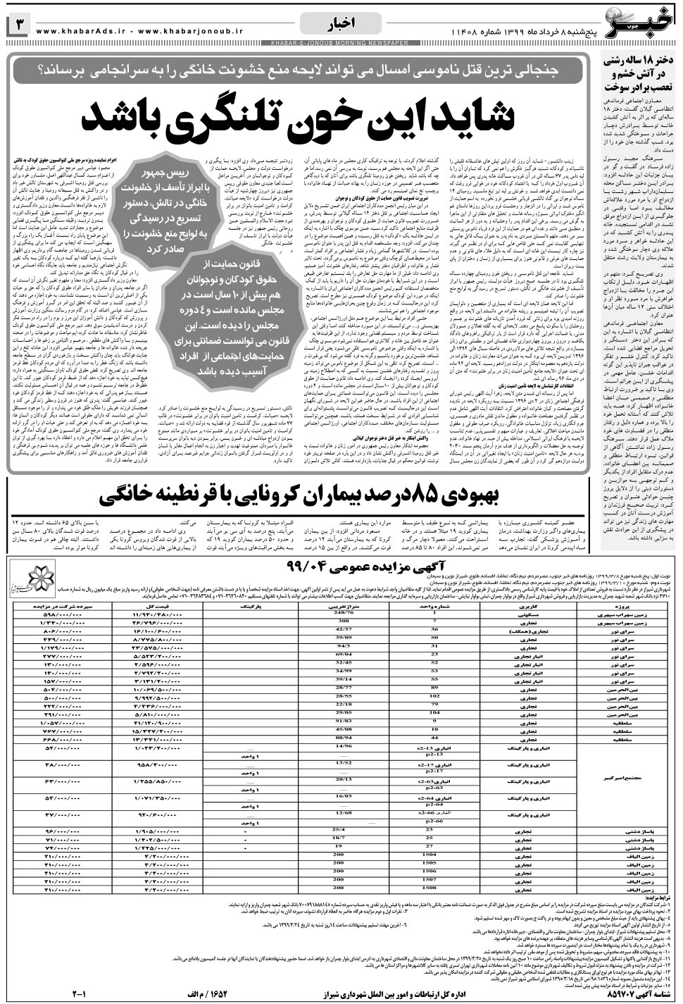 مشاهده صفحه ۳ روزنامه خبرجنوب تاریخ ۸  سال ۱۳۹۹