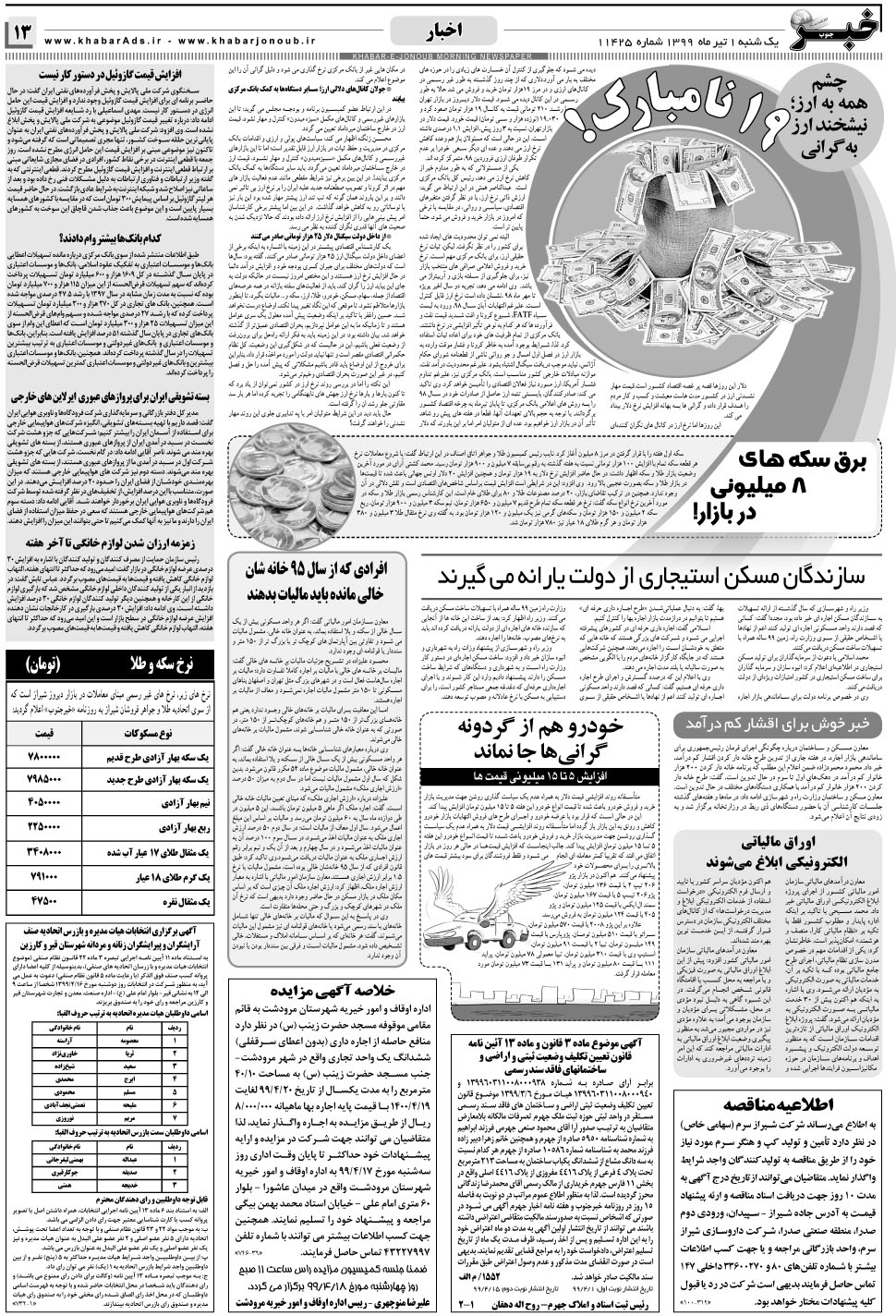 مشاهده صفحه ۱۳ روزنامه خبرجنوب تاریخ ۱  سال ۱۳۹۹