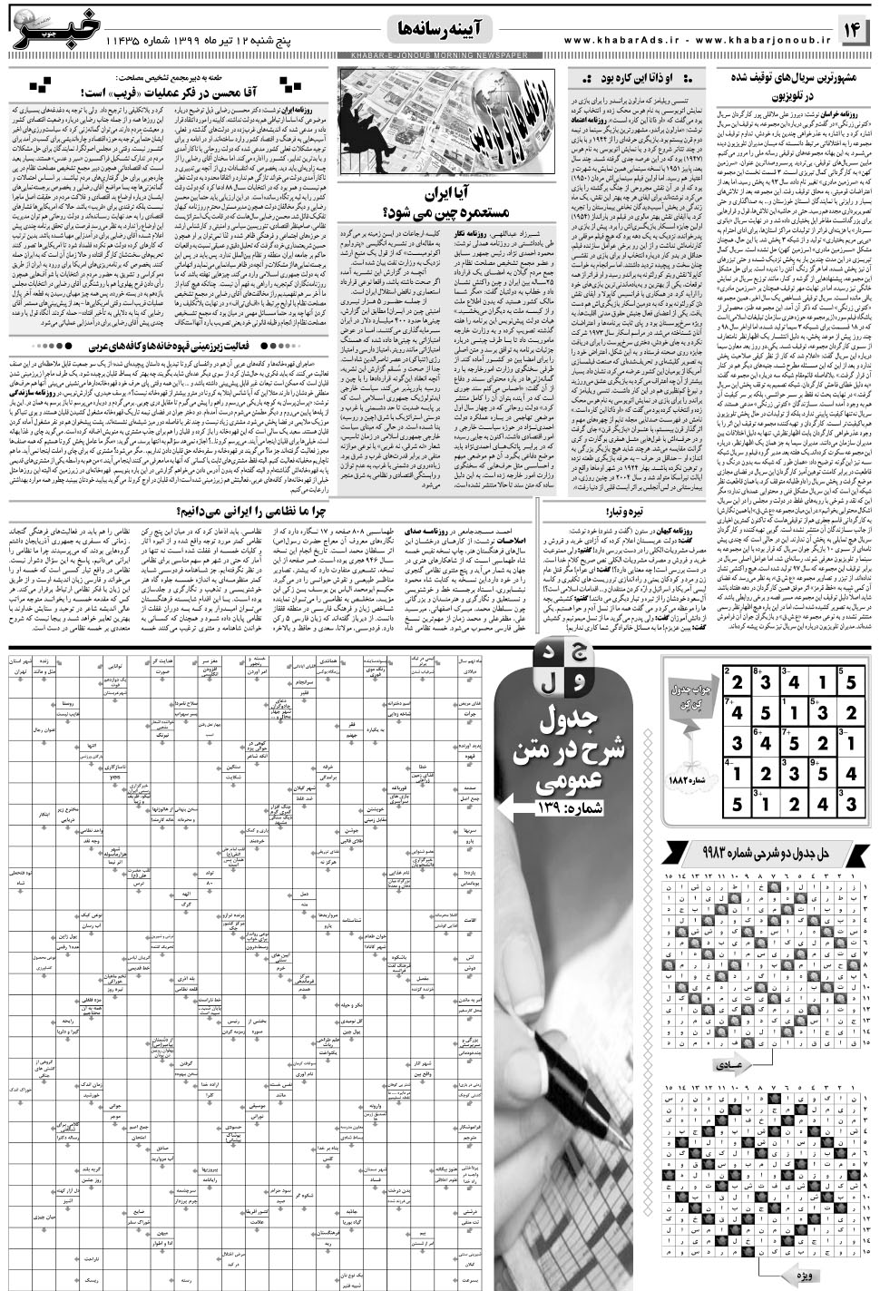 مشاهده صفحه ۱۴ روزنامه خبرجنوب تاریخ ۱۲  سال ۱۳۹۹