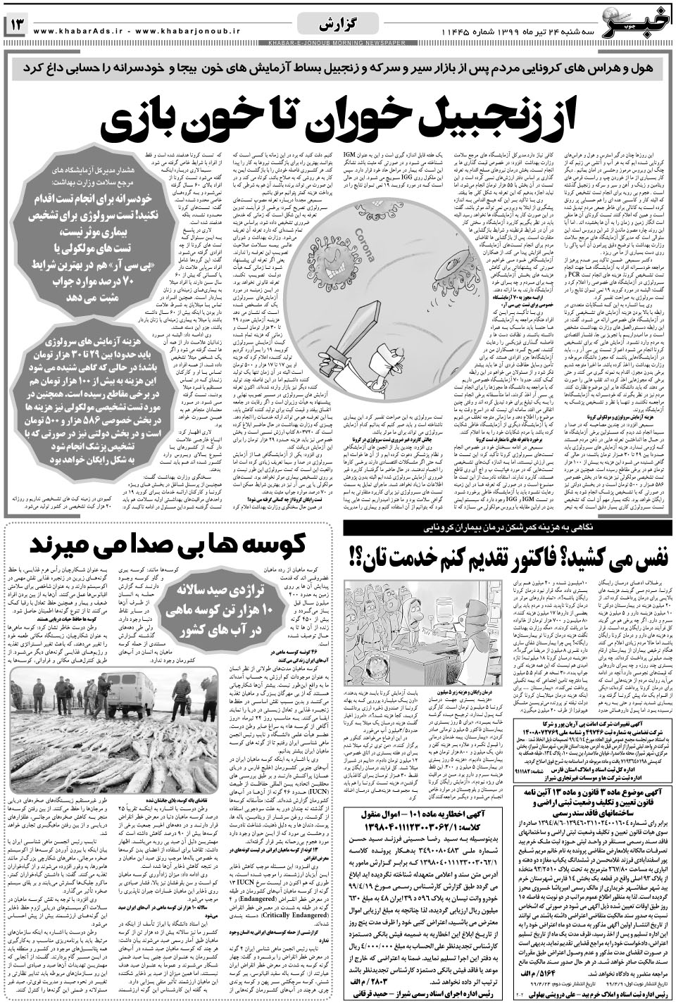 مشاهده صفحه ۱۳ روزنامه خبرجنوب تاریخ ۲۴  سال ۱۳۹۹