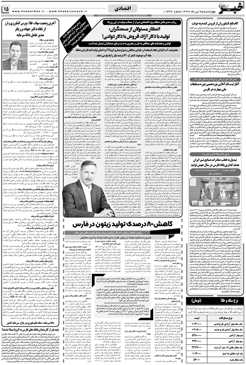 مشاهده صفحه ۱۵ روزنامه خبرجنوب تاریخ ۲۵  سال ۱۳۹۹
