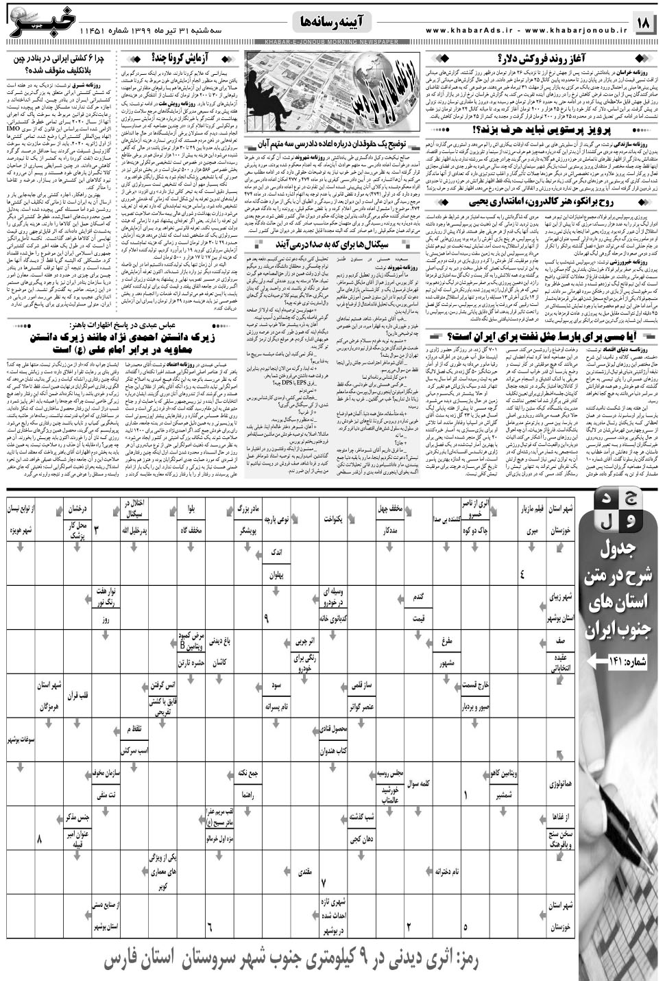 مشاهده صفحه ۱۸ روزنامه خبرجنوب تاریخ ۳۱  سال ۱۳۹۹