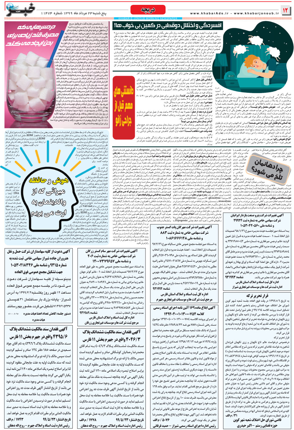 مشاهده صفحه ۱۲ روزنامه خبرجنوب تاریخ ۲۳  سال ۱۳۹۹