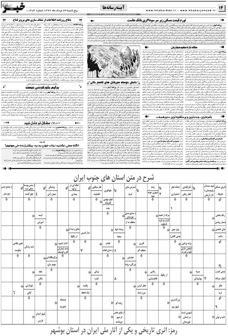 مشاهده صفحه ۱۴ روزنامه خبرجنوب تاریخ ۲۳  سال ۱۳۹۹