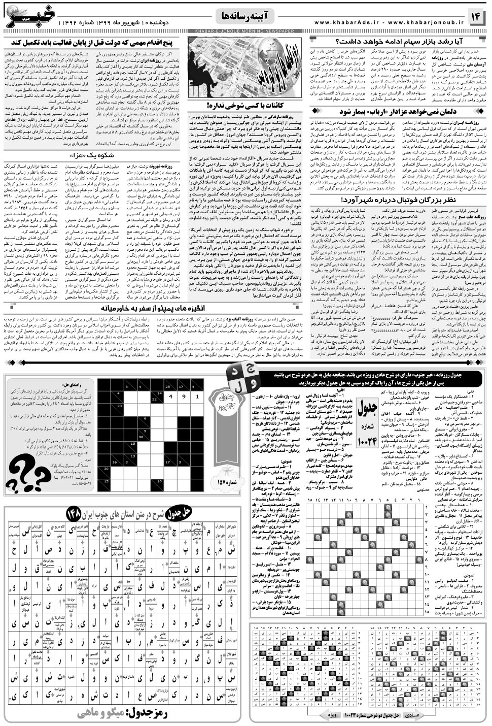مشاهده صفحه ۱۴ روزنامه خبرجنوب تاریخ ۱۰  سال ۱۳۹۹