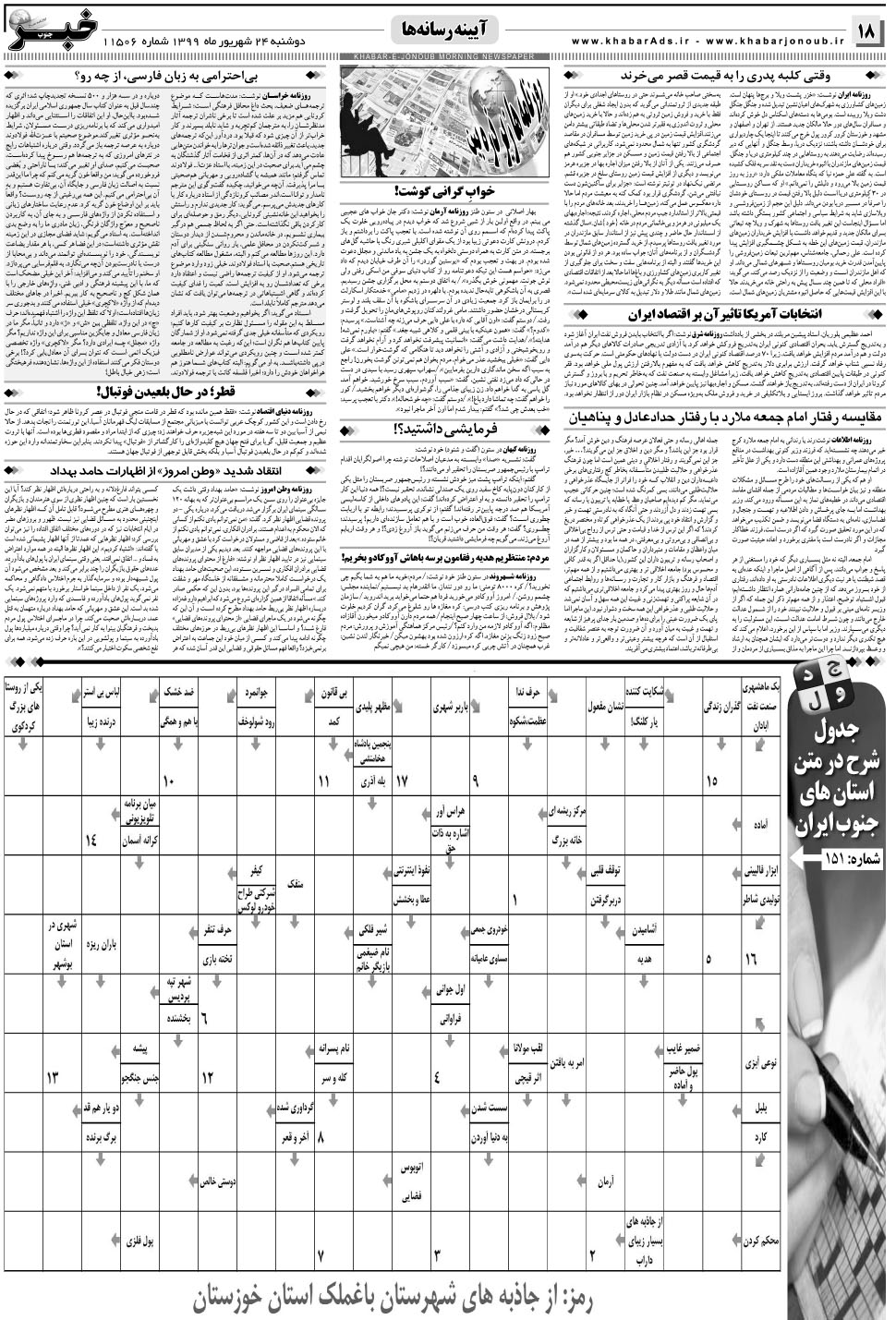 مشاهده صفحه ۱۸ روزنامه خبرجنوب تاریخ ۲۴  سال ۱۳۹۹