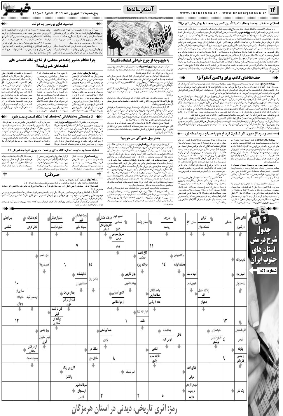 مشاهده صفحه ۱۴ روزنامه خبرجنوب تاریخ ۲۷  سال ۱۳۹۹