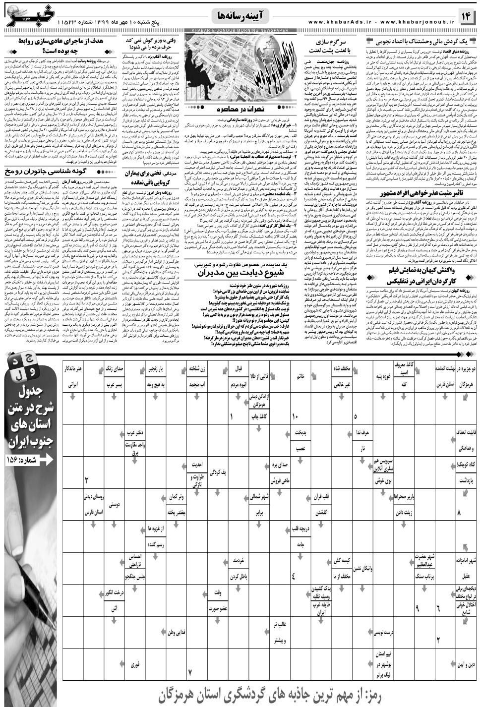مشاهده صفحه ۱۴ روزنامه خبرجنوب تاریخ ۱۰  سال ۱۳۹۹