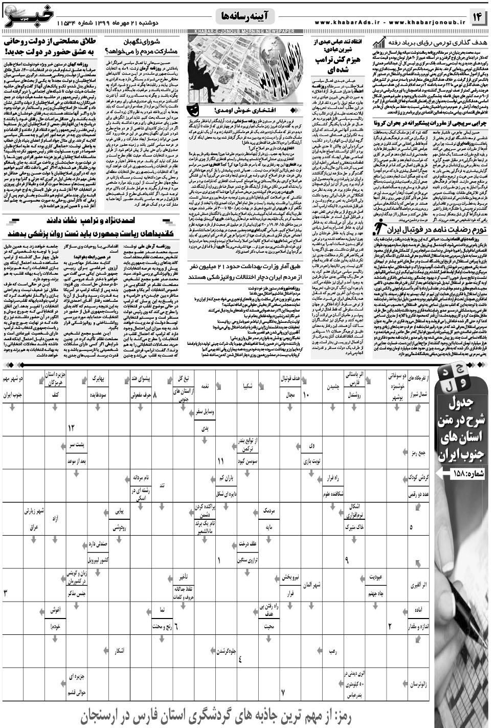 مشاهده صفحه ۱۴ روزنامه خبرجنوب تاریخ ۲۱  سال ۱۳۹۹
