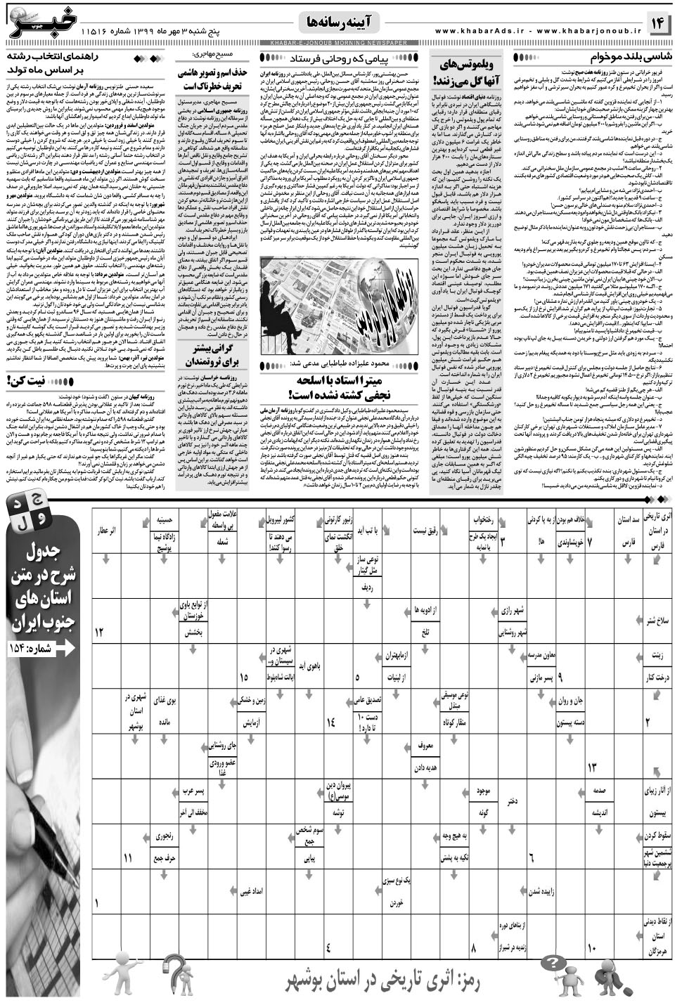 مشاهده صفحه ۱۴ روزنامه خبرجنوب تاریخ ۳  سال ۱۳۹۹