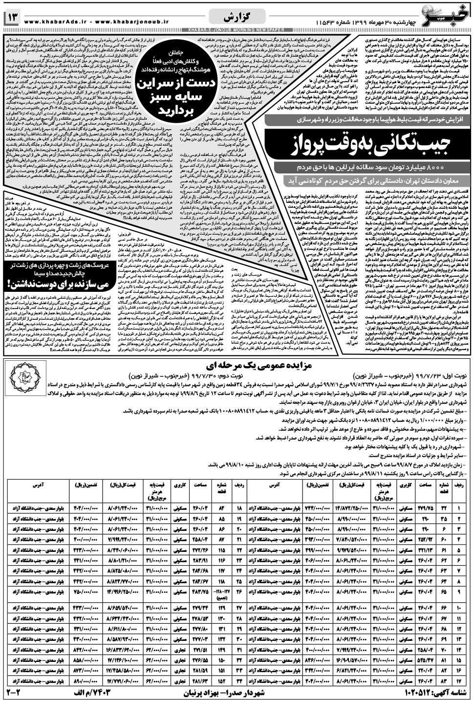 مشاهده صفحه ۱۳ روزنامه خبرجنوب تاریخ ۳۰  سال ۱۳۹۹