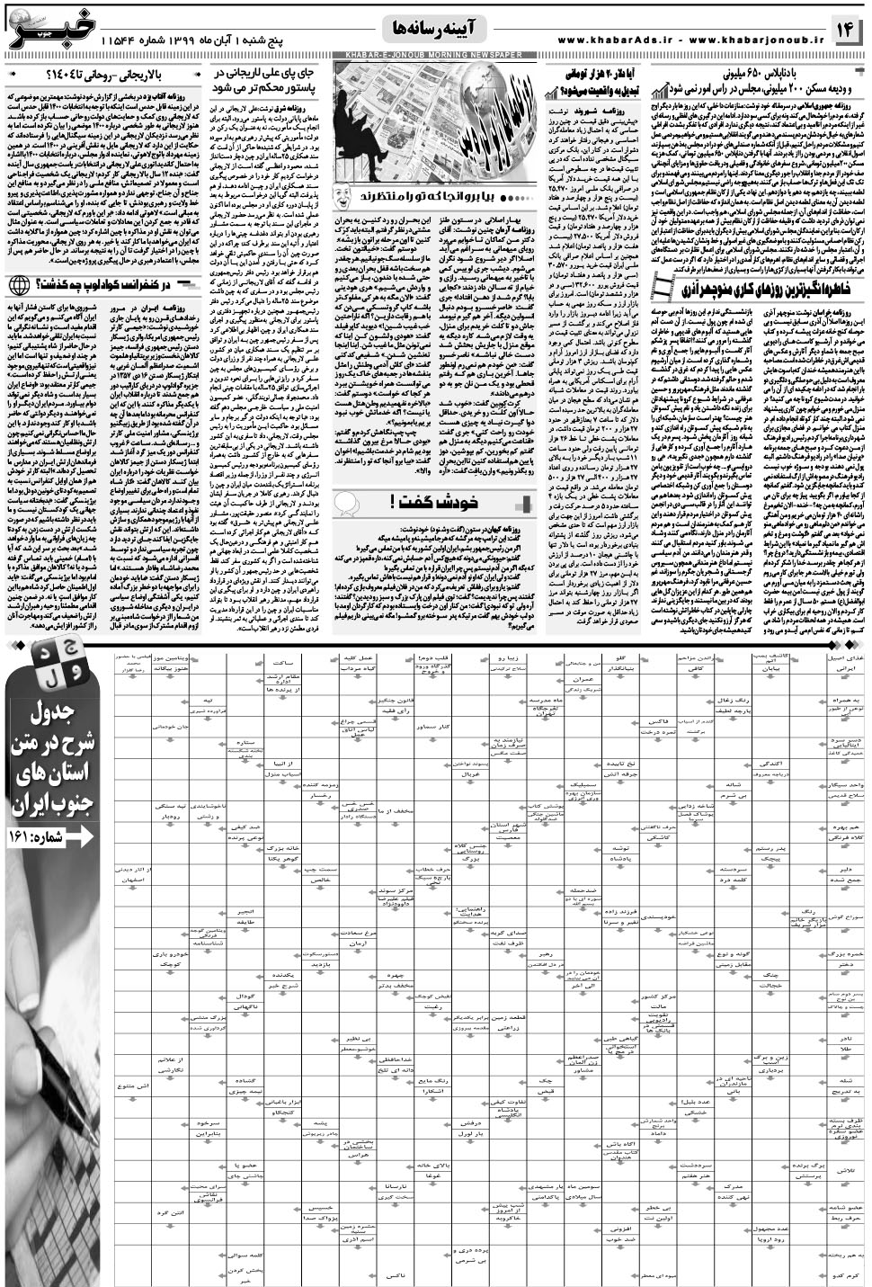 مشاهده صفحه ۱۴ روزنامه خبرجنوب تاریخ ۱  سال ۱۳۹۹