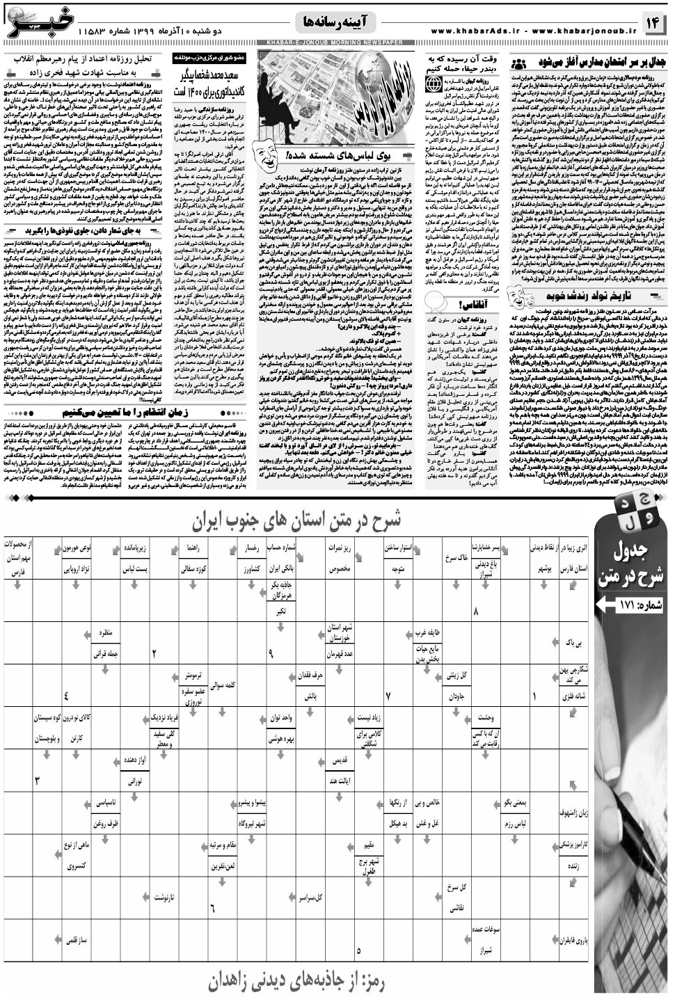 مشاهده صفحه ۱۴ روزنامه خبرجنوب تاریخ ۱۰  سال ۱۳۹۹