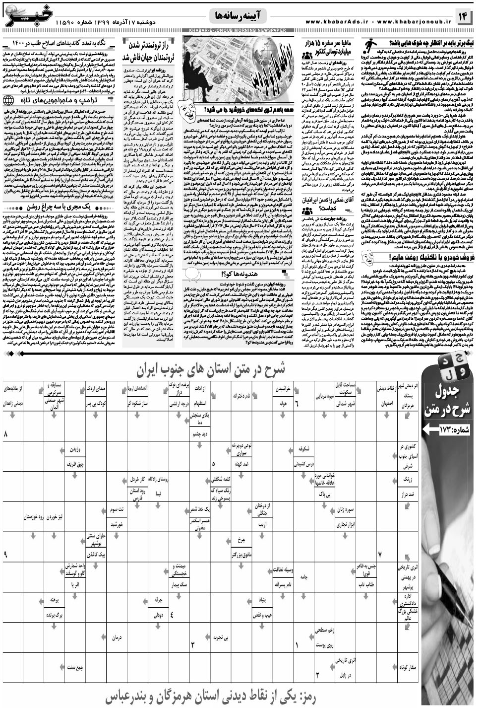 مشاهده صفحه ۱۴ روزنامه خبرجنوب تاریخ ۱۷  سال ۱۳۹۹