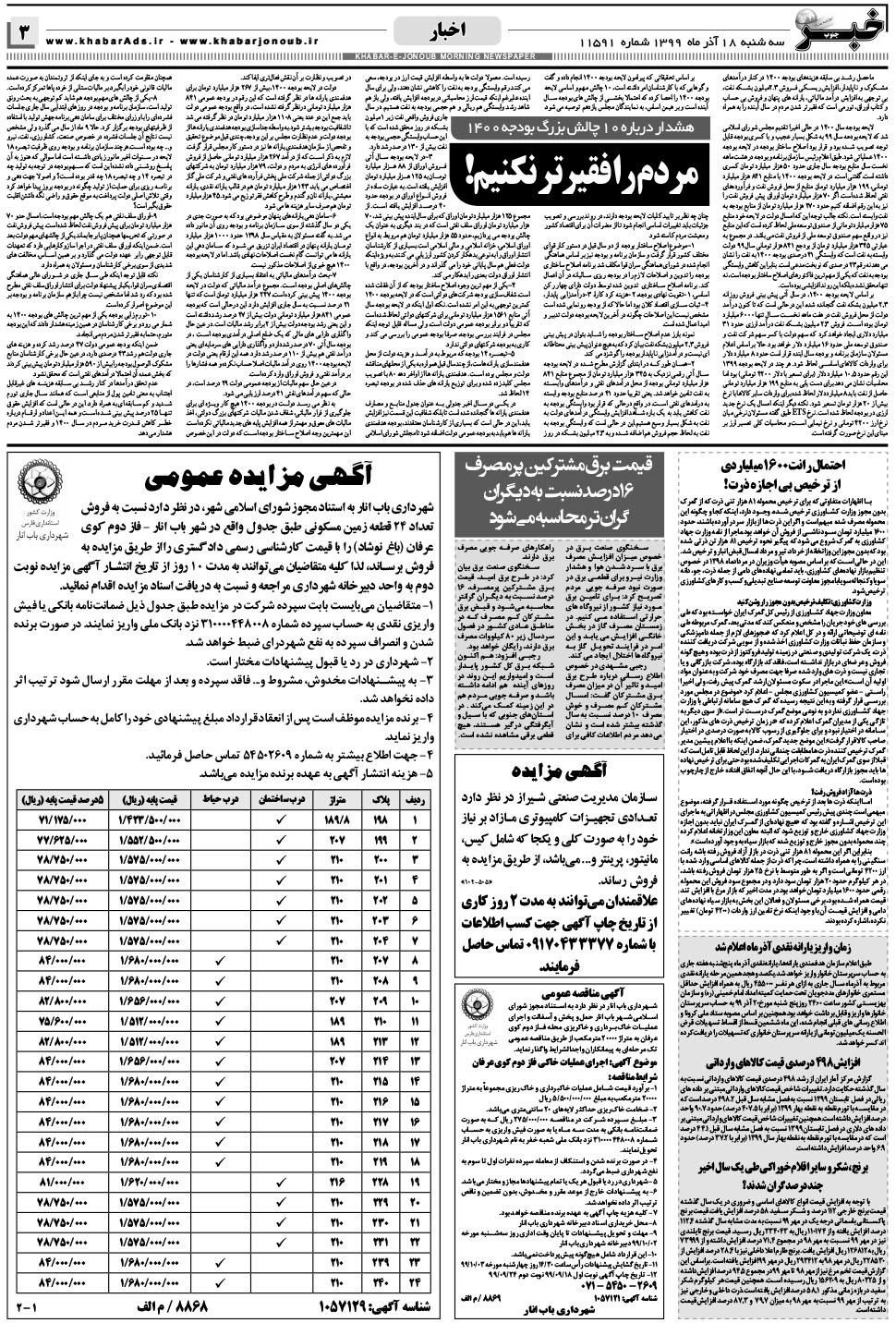 مشاهده صفحه ۳ روزنامه خبرجنوب تاریخ ۱۸  سال ۱۳۹۹