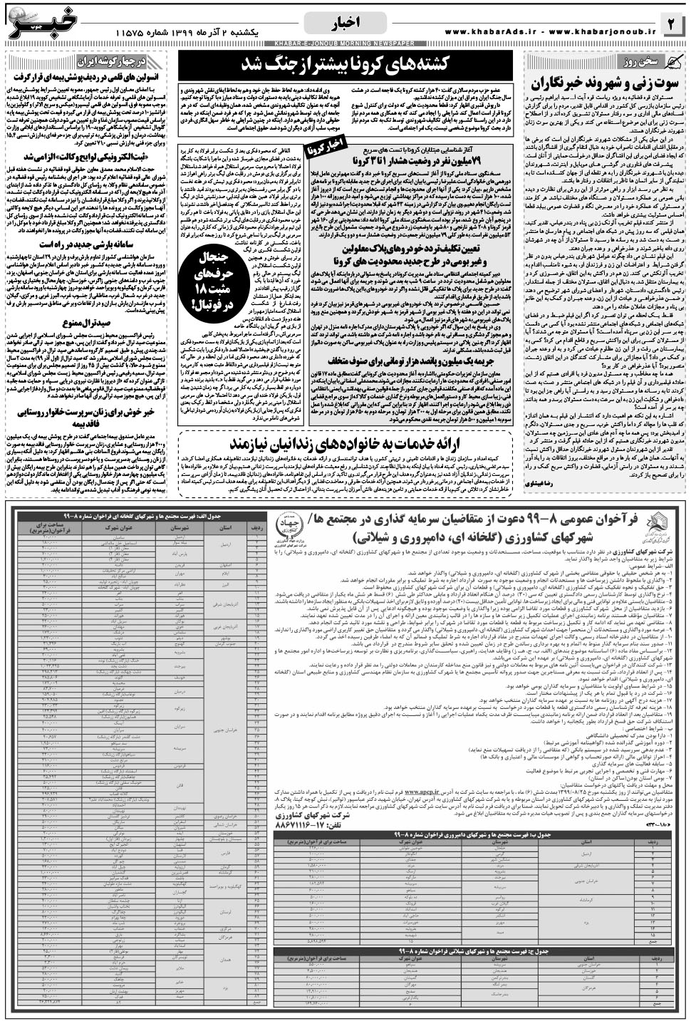 مشاهده صفحه ۲ روزنامه خبرجنوب تاریخ ۲  سال ۱۳۹۹
