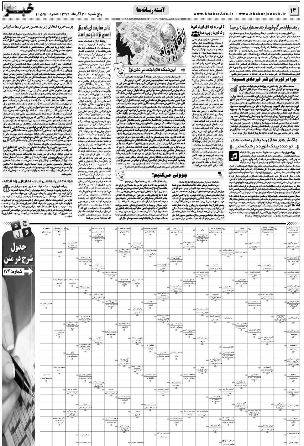 مشاهده صفحه ۱۴ روزنامه خبرجنوب تاریخ ۲۰  سال ۱۳۹۹