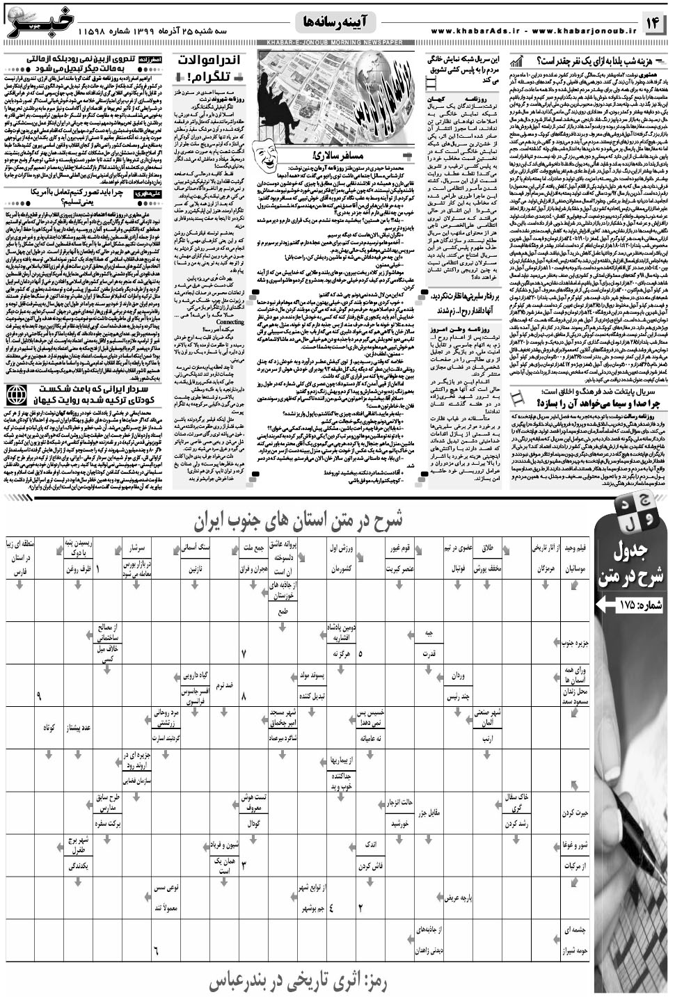 مشاهده صفحه ۱۴ روزنامه خبرجنوب تاریخ ۲۵  سال ۱۳۹۹