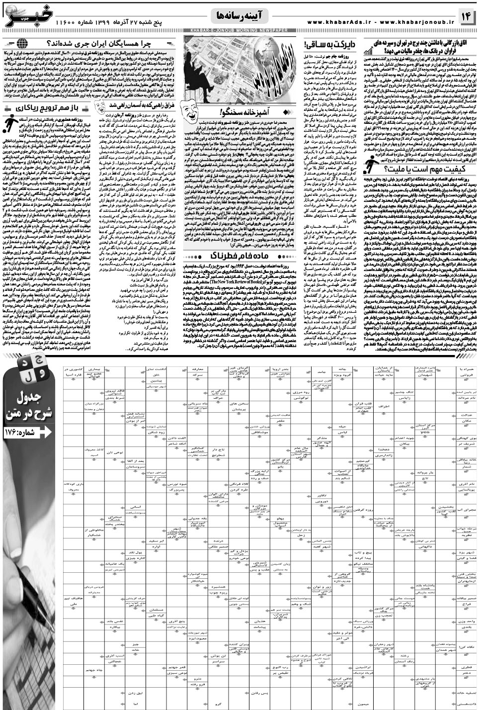 مشاهده صفحه ۱۴ روزنامه خبرجنوب تاریخ ۲۷  سال ۱۳۹۹