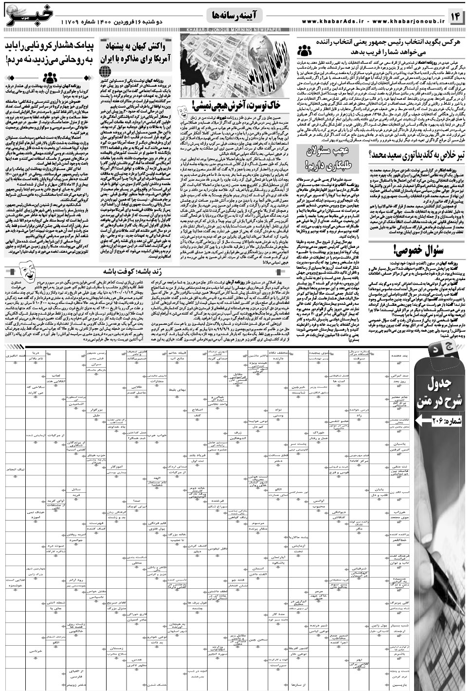 مشاهده صفحه ۱۴ روزنامه خبرجنوب تاریخ ۱۶  سال ۱۴۰۰