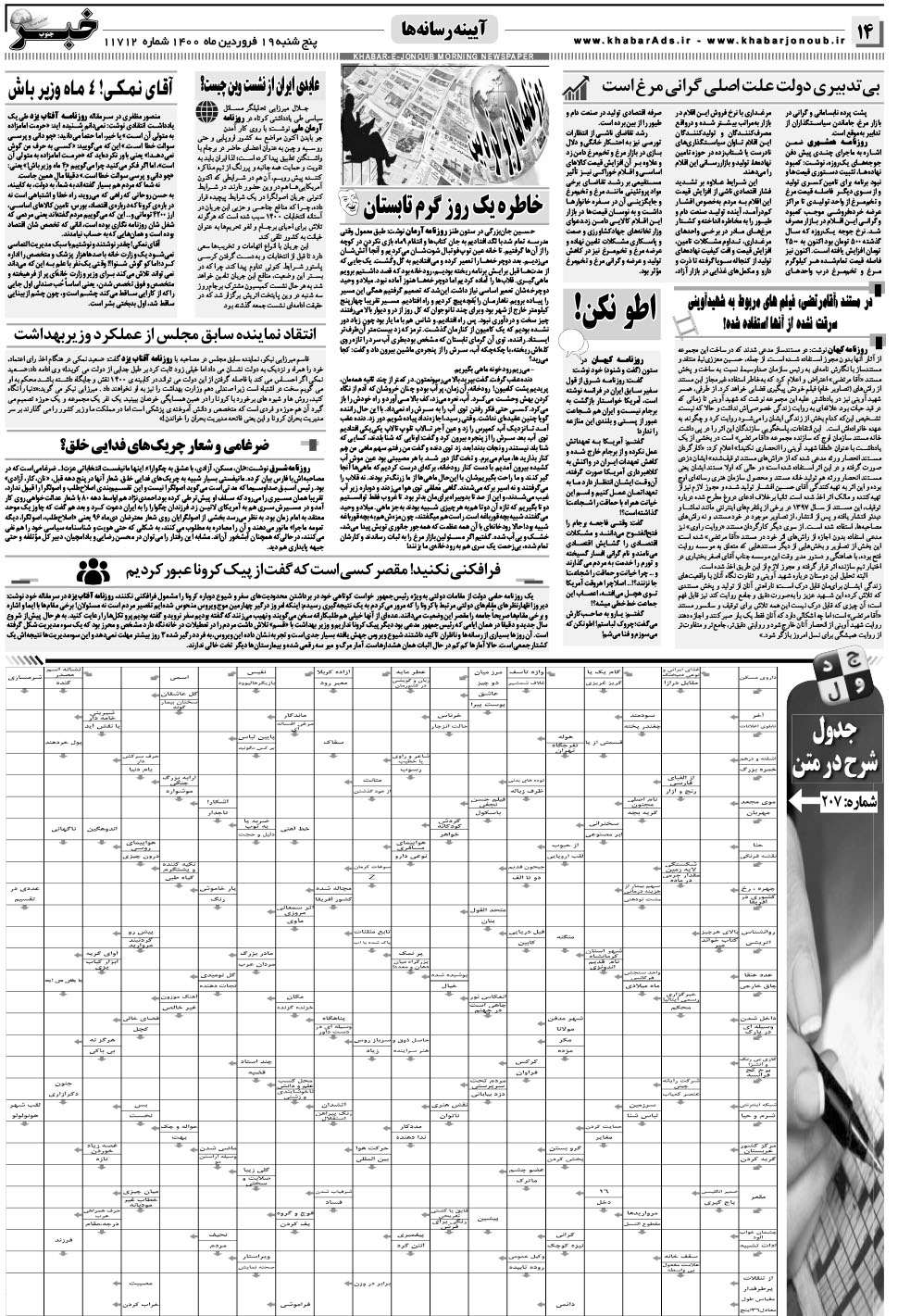 مشاهده صفحه ۱۴ روزنامه خبرجنوب تاریخ ۱۹  سال ۱۴۰۰