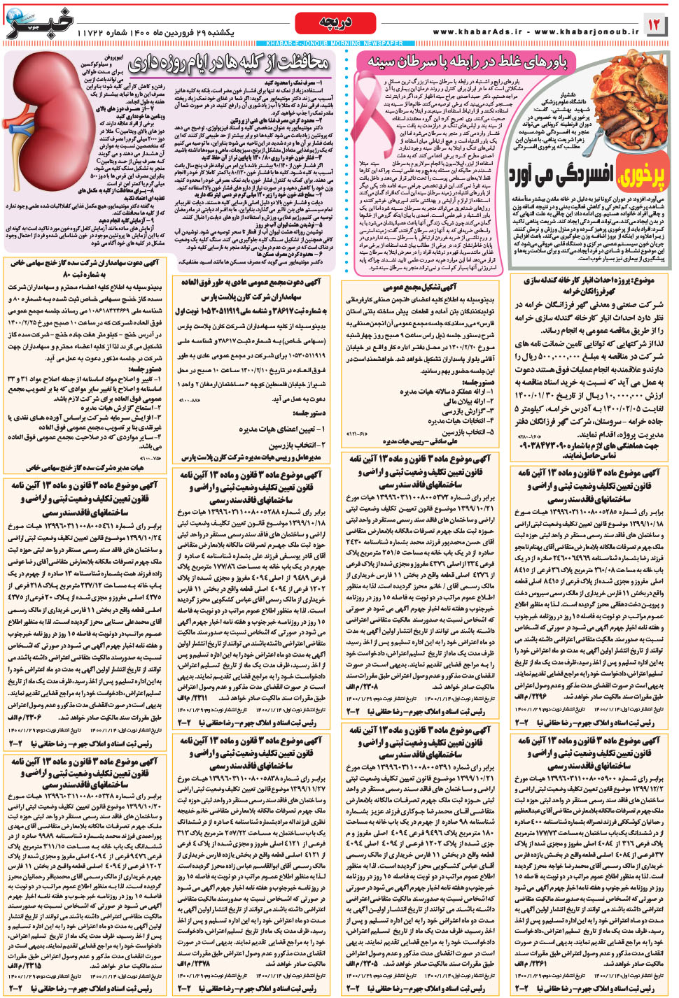 مشاهده صفحه ۱۲ روزنامه خبرجنوب تاریخ ۲۹  سال ۱۴۰۰