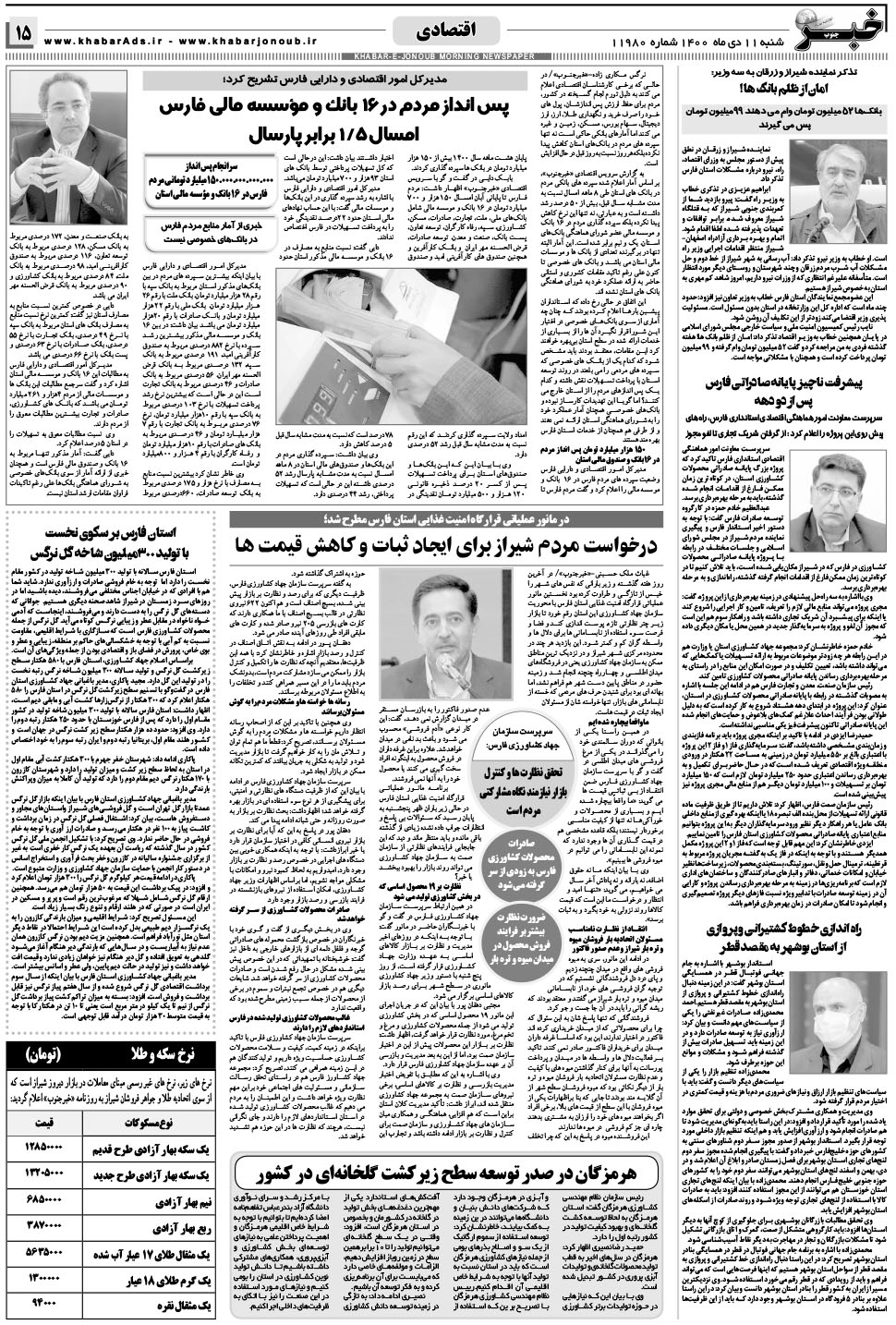 مشاهده صفحه ۱۵ روزنامه خبرجنوب تاریخ ۱۱ دی سال ۱۴۰۰