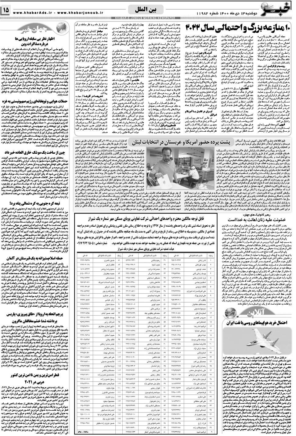 مشاهده صفحه ۱۵ روزنامه خبرجنوب تاریخ ۱۳ دی سال ۱۴۰۰