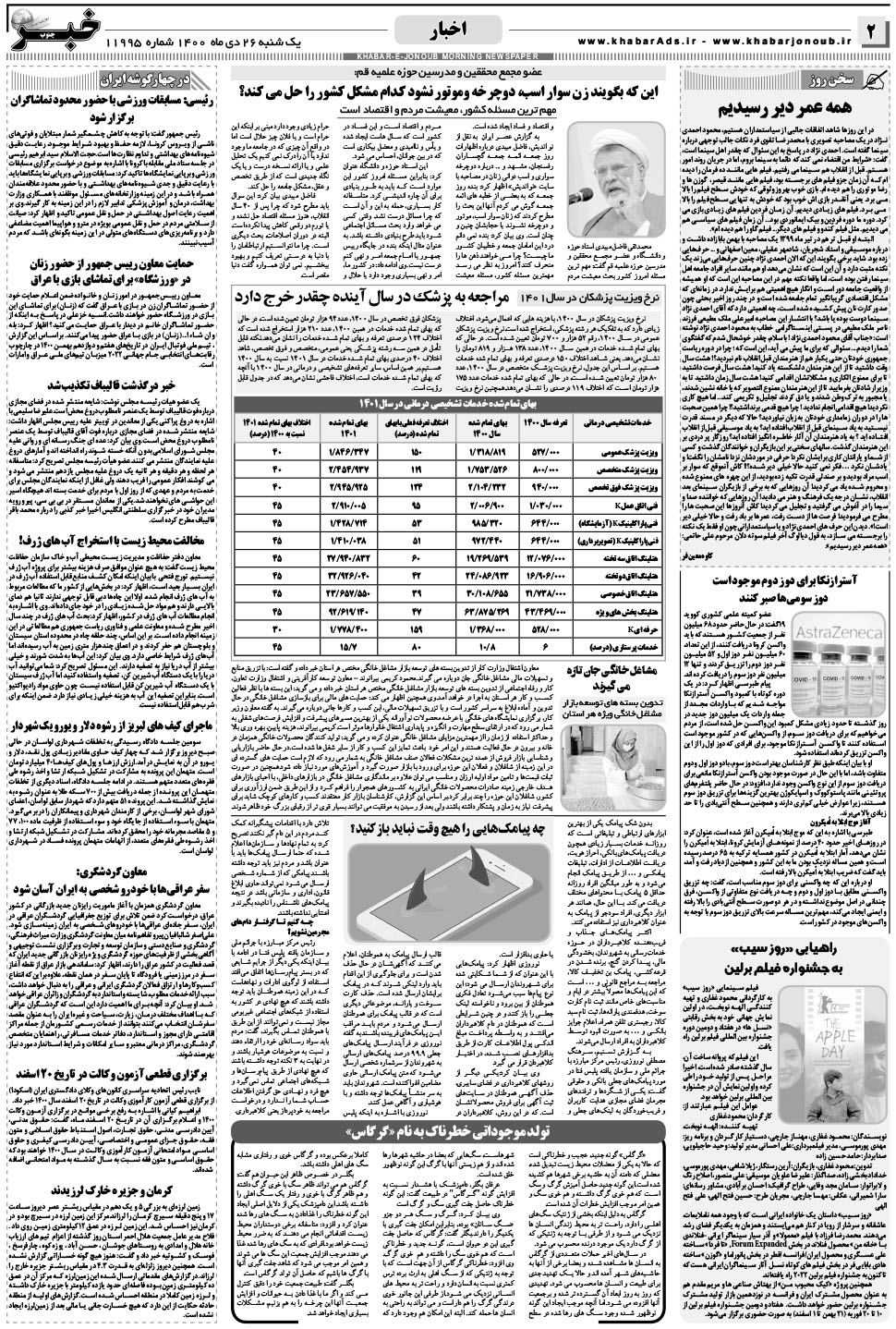 مشاهده صفحه ۲ روزنامه خبرجنوب تاریخ ۲۶ دی سال ۱۴۰۰