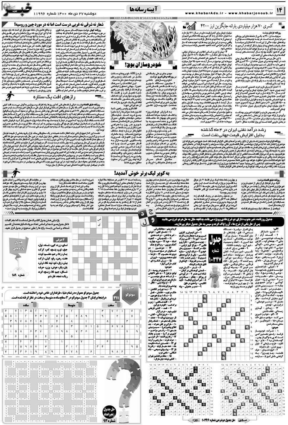 مشاهده صفحه ۱۴ روزنامه خبرجنوب تاریخ ۲۷ دی سال ۱۴۰۰