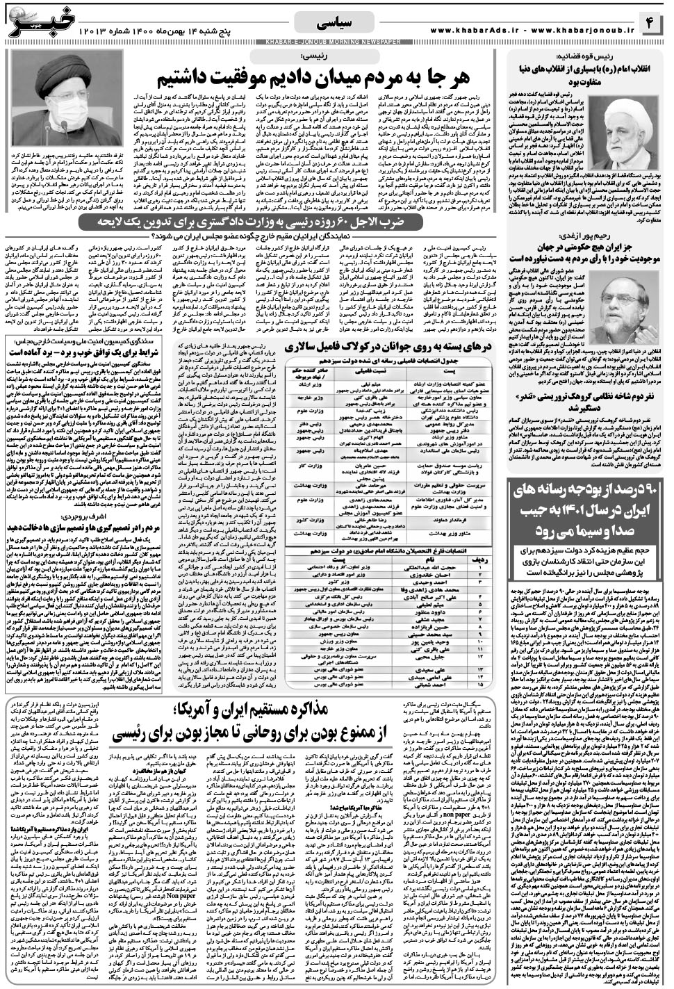 مشاهده صفحه ۴ روزنامه خبرجنوب تاریخ ۱۴ بهمن سال ۱۴۰۰