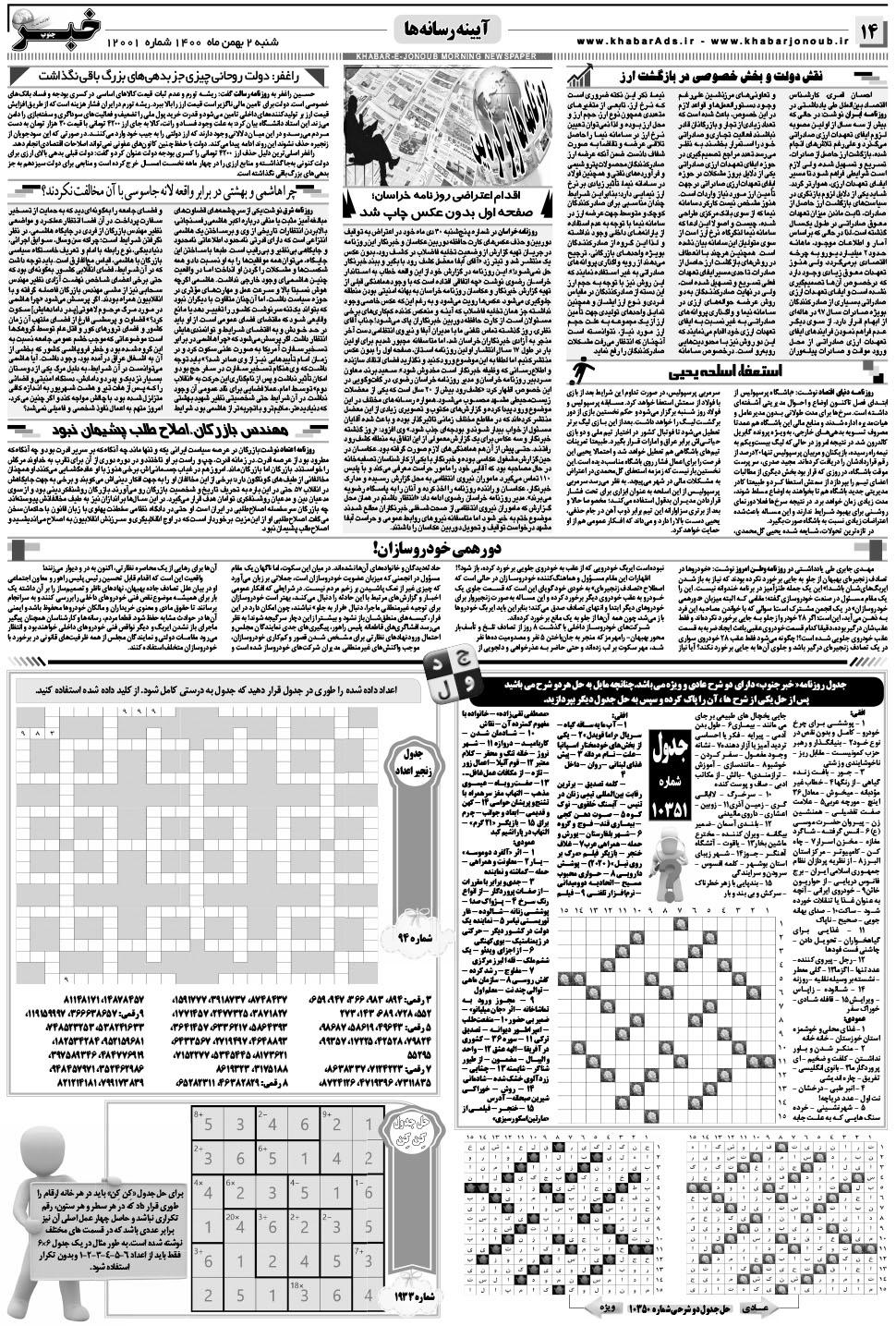 مشاهده صفحه ۱۴ روزنامه خبرجنوب تاریخ ۲ بهمن سال ۱۴۰۰