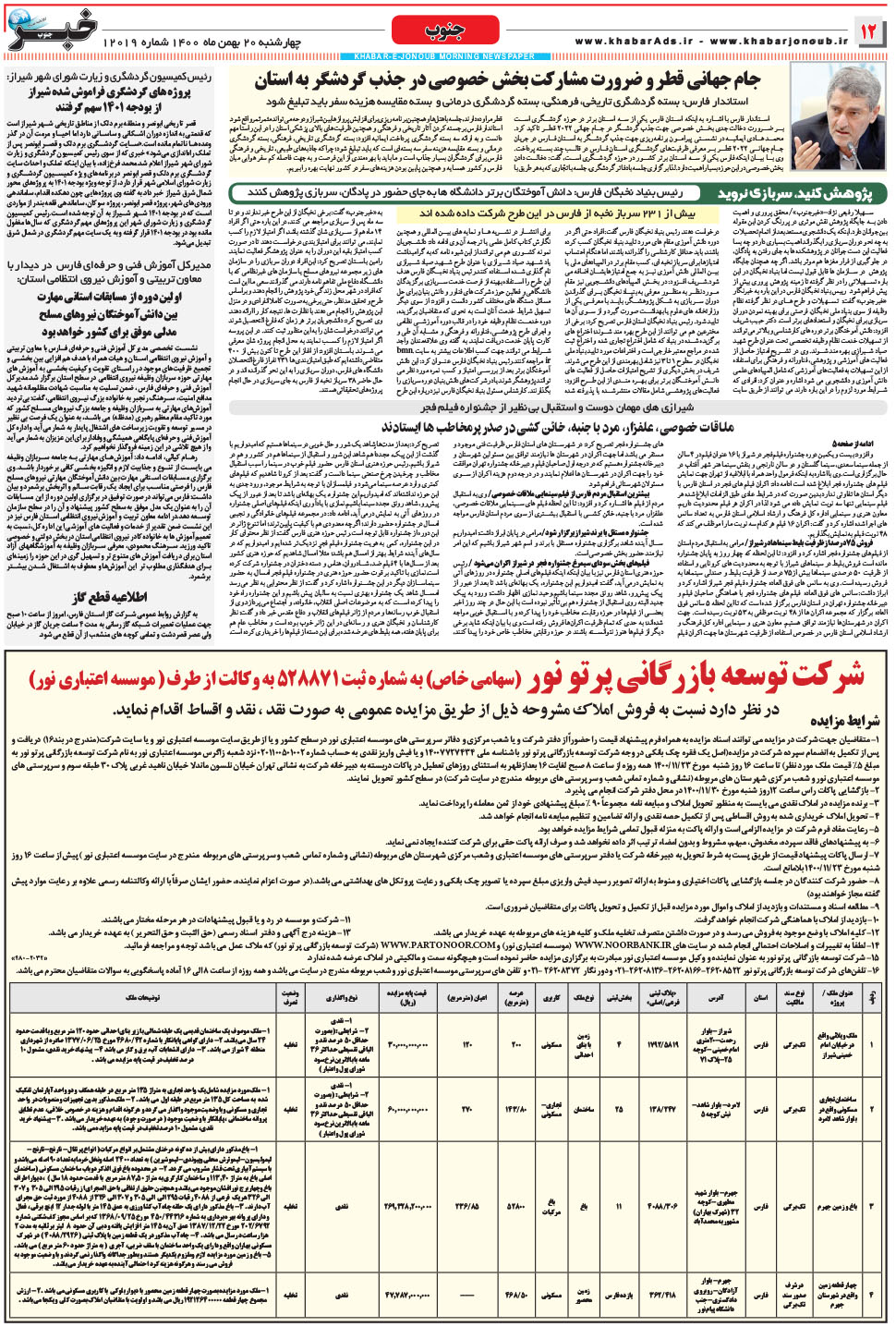 مشاهده صفحه ۱۲ روزنامه خبرجنوب تاریخ ۲۰ بهمن سال ۱۴۰۰