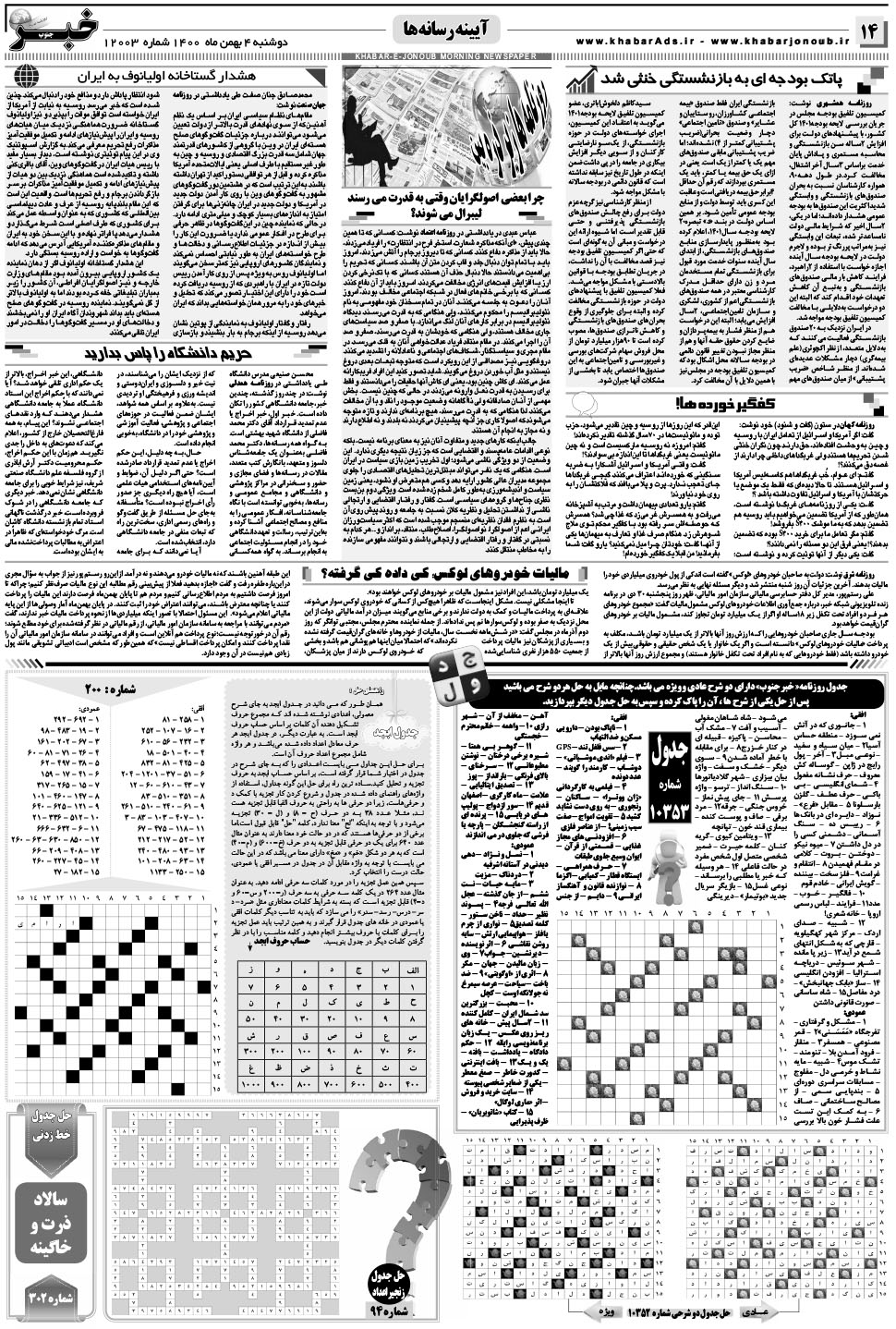 مشاهده صفحه ۱۴ روزنامه خبرجنوب تاریخ ۴ بهمن سال ۱۴۰۰