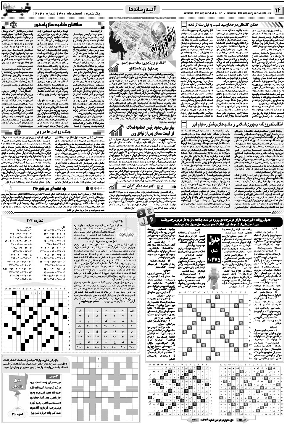 مشاهده صفحه ۱۴ روزنامه خبرجنوب تاریخ ۱ اسفند سال ۱۴۰۰