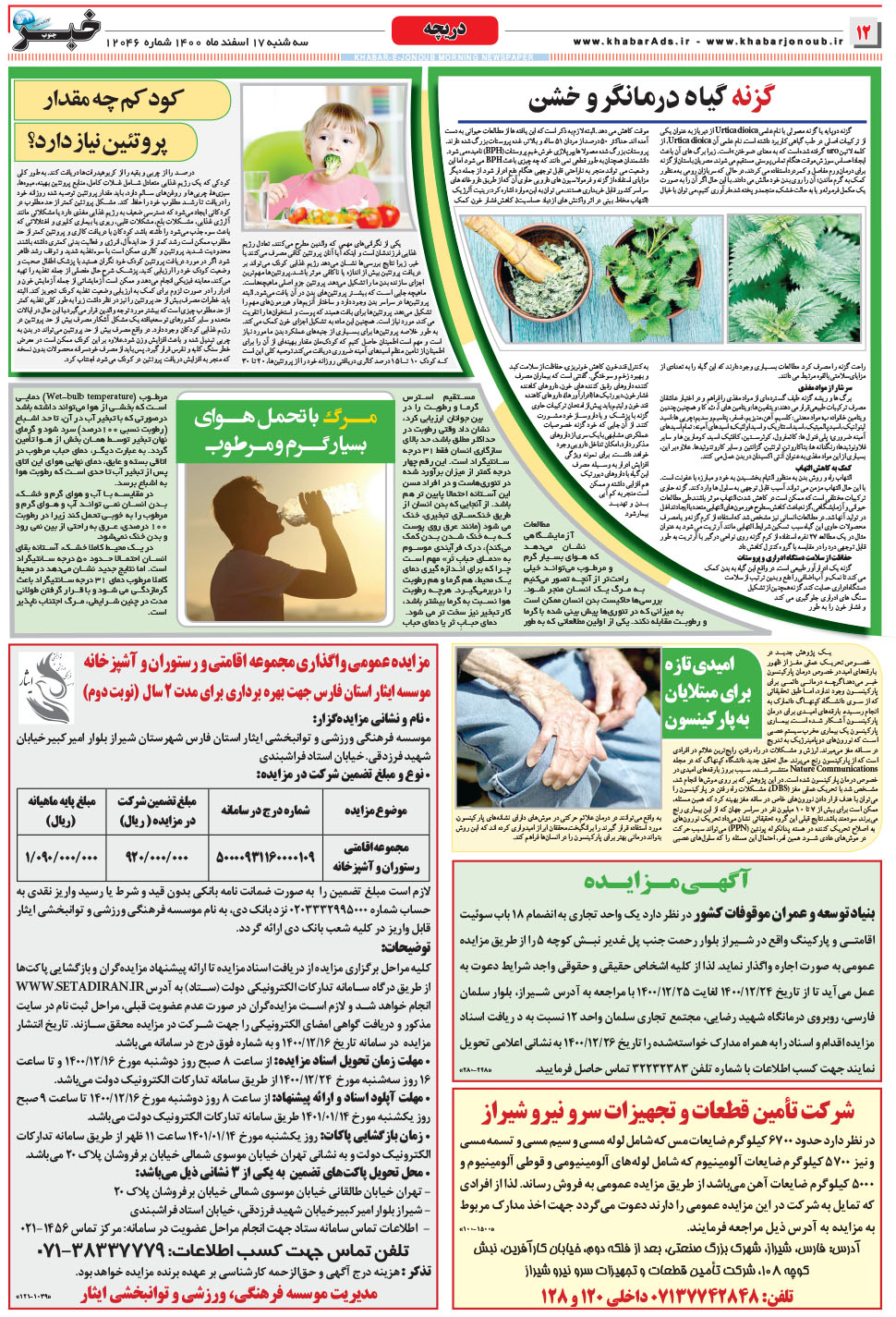 مشاهده صفحه ۱۲ روزنامه خبرجنوب تاریخ ۱۷ اسفند سال ۱۴۰۰