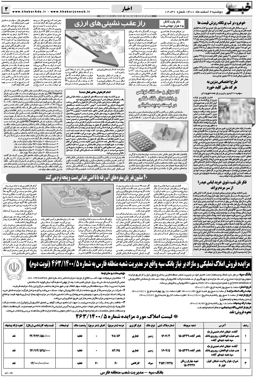 مشاهده صفحه ۳ روزنامه خبرجنوب تاریخ ۲ اسفند سال ۱۴۰۰