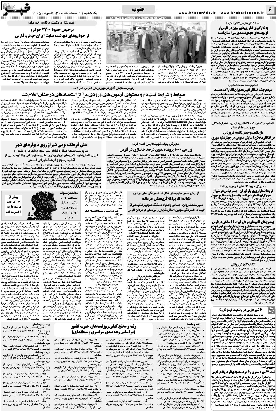 مشاهده صفحه ۶ روزنامه خبرجنوب تاریخ ۲۲ اسفند سال ۱۴۰۰