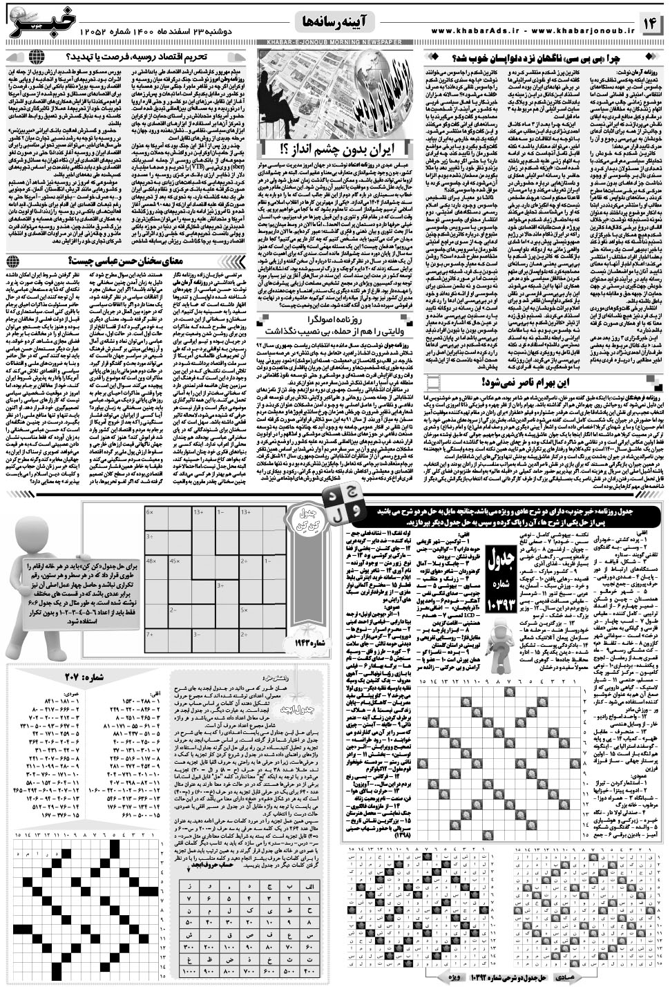 مشاهده صفحه ۱۴ روزنامه خبرجنوب تاریخ ۲۳ اسفند سال ۱۴۰۰