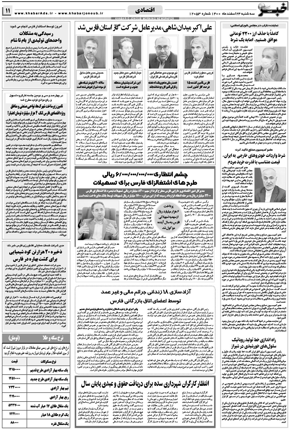 مشاهده صفحه ۱۱ روزنامه خبرجنوب تاریخ ۲۴ اسفند سال ۱۴۰۰