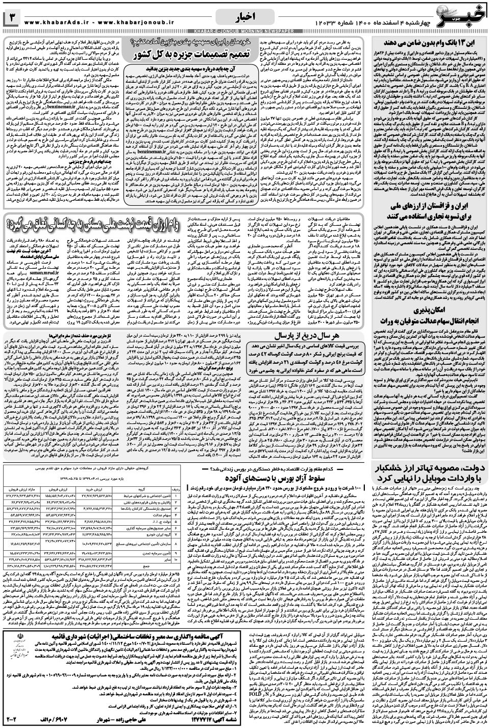 مشاهده صفحه ۳ روزنامه خبرجنوب تاریخ ۴ اسفند سال ۱۴۰۰