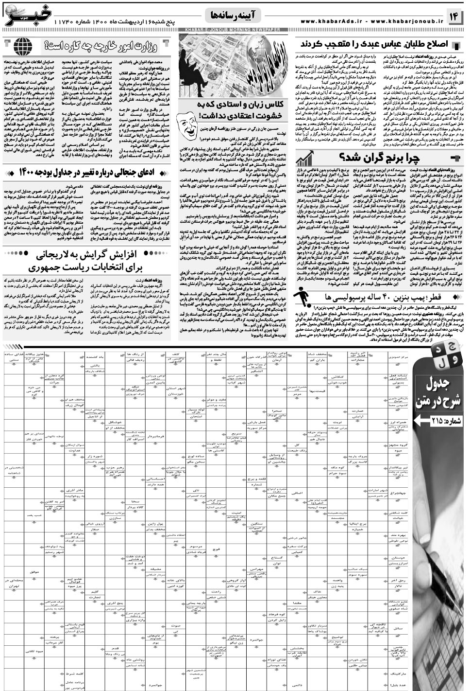 مشاهده صفحه ۱۴ روزنامه خبرجنوب تاریخ ۱۶  سال ۱۴۰۰