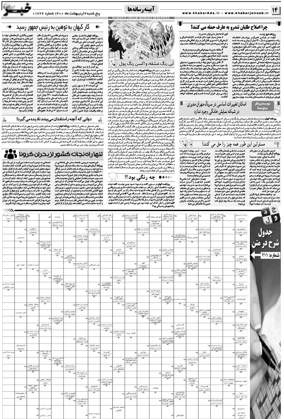 مشاهده صفحه ۱۴ روزنامه خبرجنوب تاریخ ۲  سال ۱۴۰۰