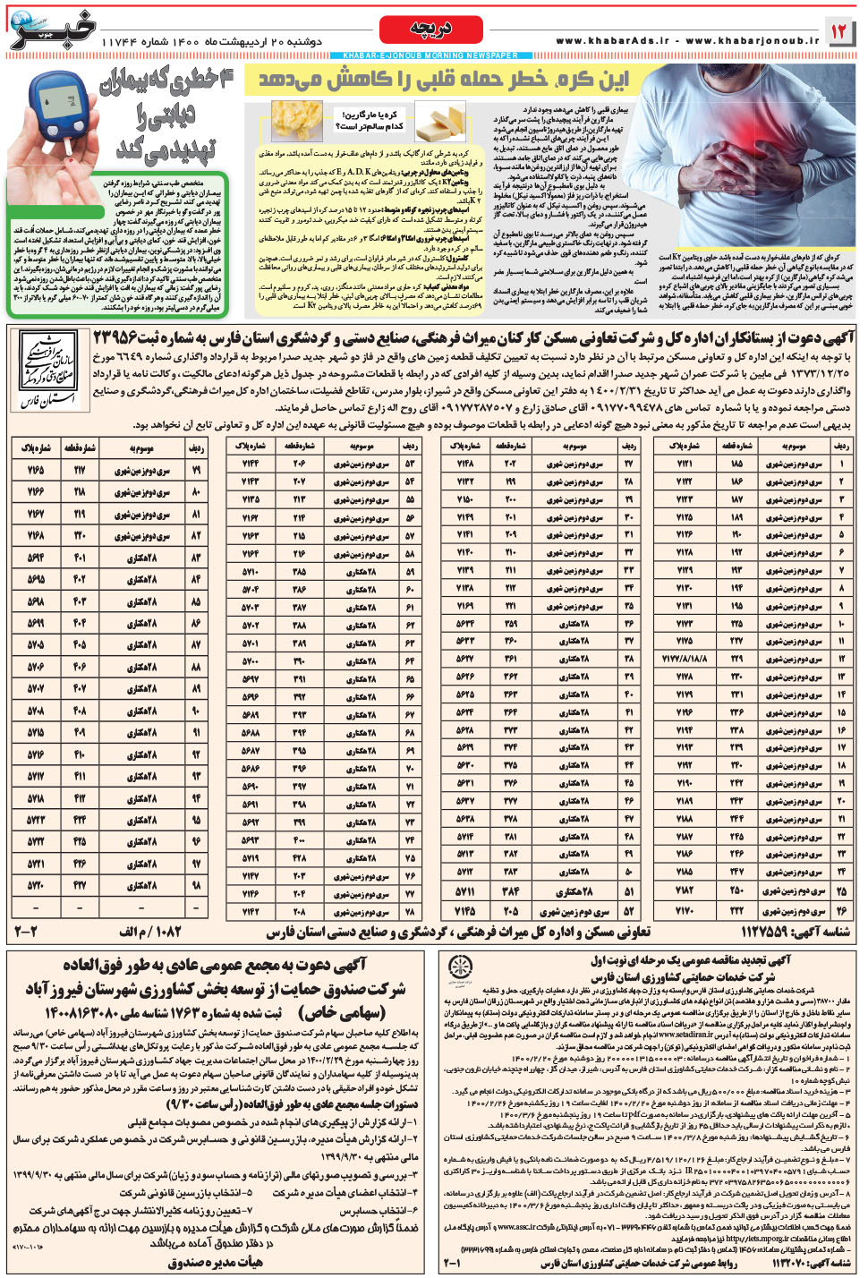مشاهده صفحه ۱۲ روزنامه خبرجنوب تاریخ ۲۰  سال ۱۴۰۰
