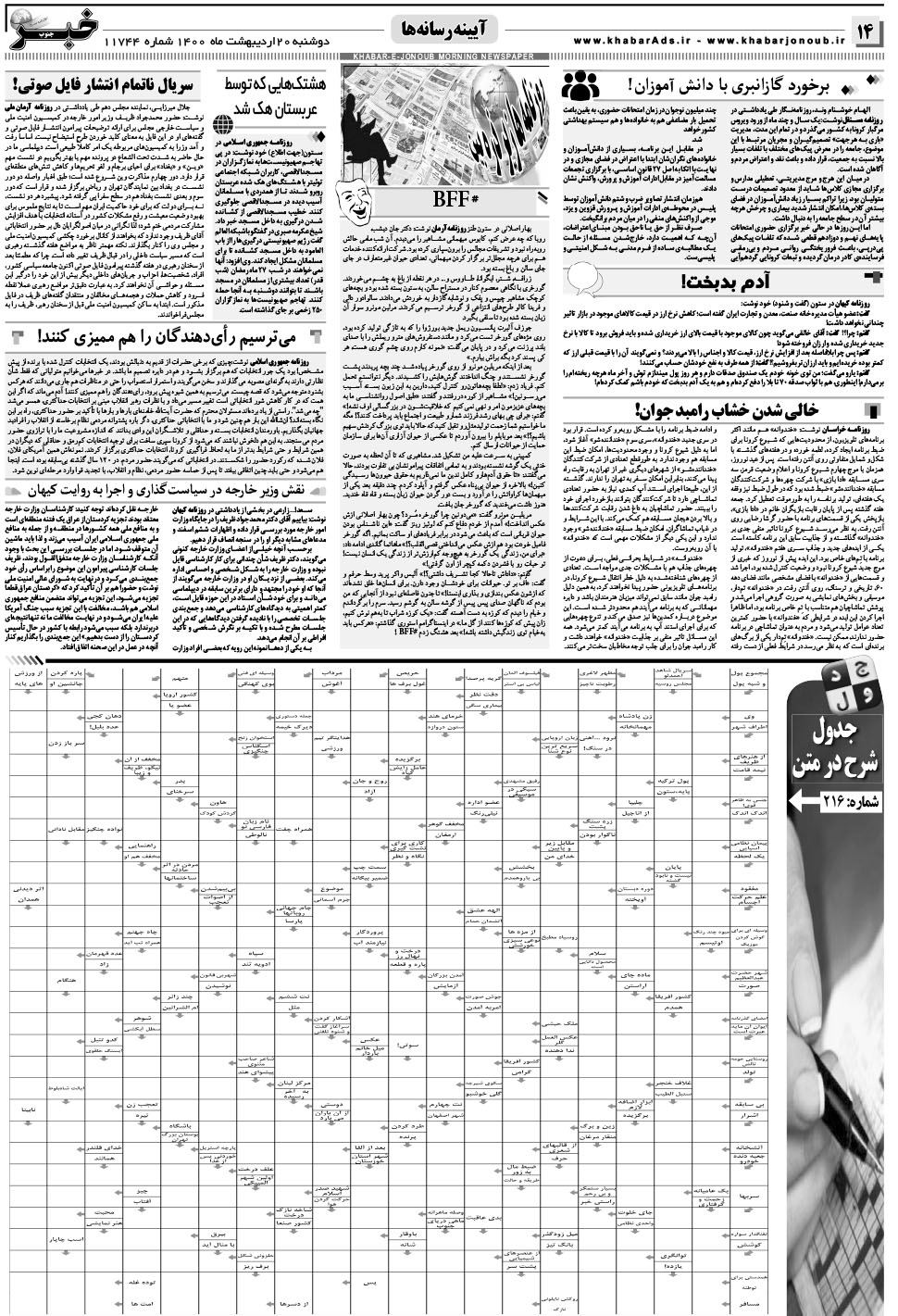 مشاهده صفحه ۱۴ روزنامه خبرجنوب تاریخ ۲۰  سال ۱۴۰۰