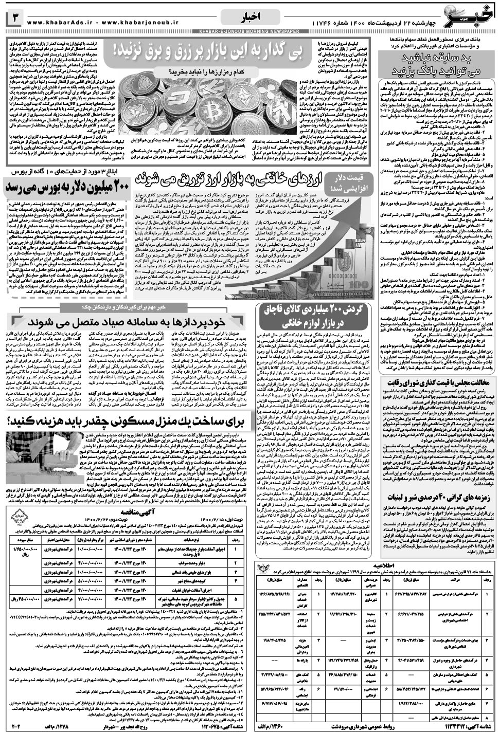 مشاهده صفحه ۳ روزنامه خبرجنوب تاریخ ۲۲  سال ۱۴۰۰